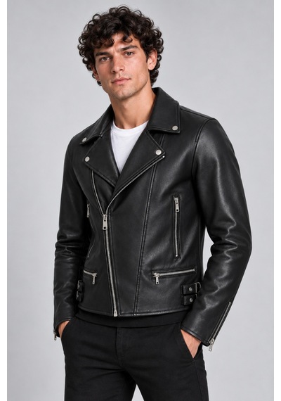 Maison Rae Erkek Siyah Slim Fit Biker Deri Ceket Çapraz Fermuarlı, Çok Cepli, Kemer Tokalı
