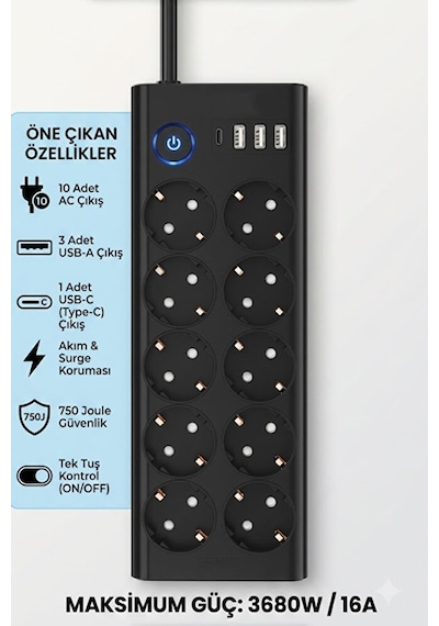 10'lu Akım Korumalı Priz 3680 Watt Koruma 16a 3 Usb + 1 Type-c Anahtarlı 2 Metre 2 M