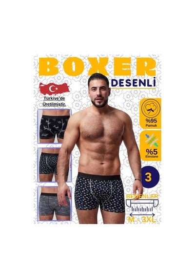 Mercan Boxer Piramit-geyik-men Desenli 3'lü Paket, Yüksek Kalite Çok Renkli