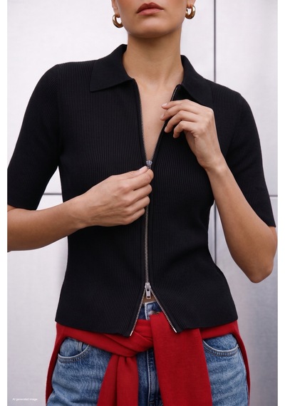 Sateen Kısa Kollu Fermuarlı Triko - Siyah-137953