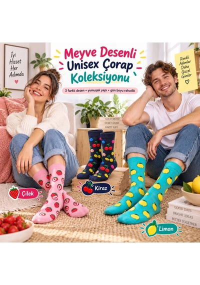 S'82 Kadın Ve Erkek Çorap Meyve Desenli Renkli 3'lü Set Uzun Soket Günlük Rahat Çorap Seti Çok Renkli