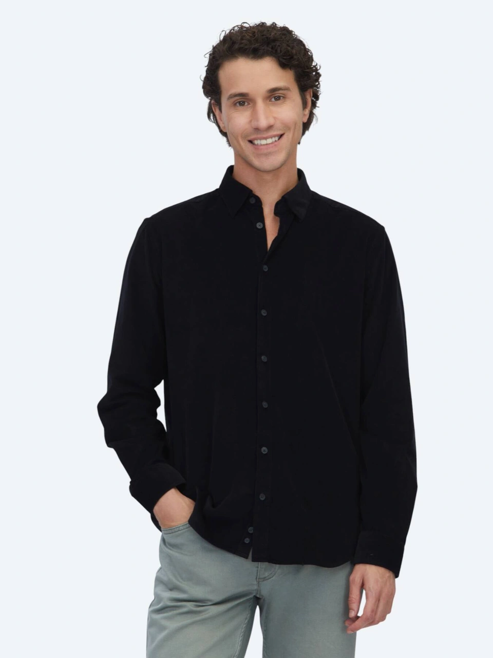 Kip Siyah Çizgili Regular Fit Dokuma Kadife Casual %100 Pamuk Gömlek Siyah