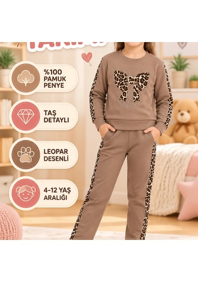 Candar 4-12 Yaş Leopar Desenli Taş Detaylı Pamuk Penye Çocuk Takımı Kahverengi
