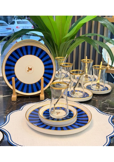 18 Parça Modern Piano Blue Bird Pasta Çay Saati Seti-5548 Lacivert