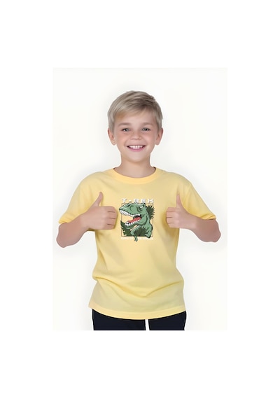 Panios Kids T-rex Baskılı Erkek Çocuk Kısa Kollu Tişört Sarı