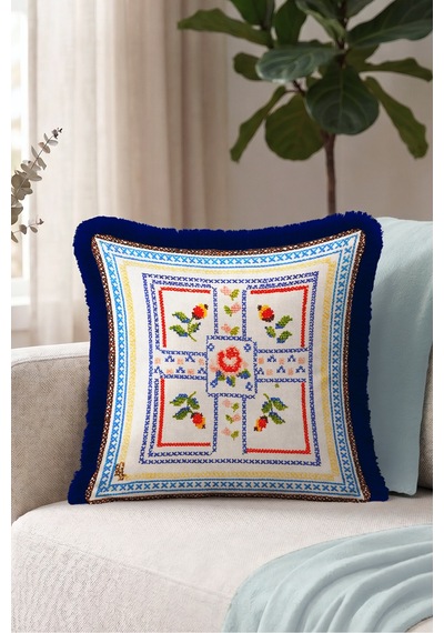 Çiçekli Etnik Motifli Saçaklı Yastık Kılıfı - Otantik Boho Mavi Lacivert Püsküllü Kırlent Kılıfı Sakin Düş Opal