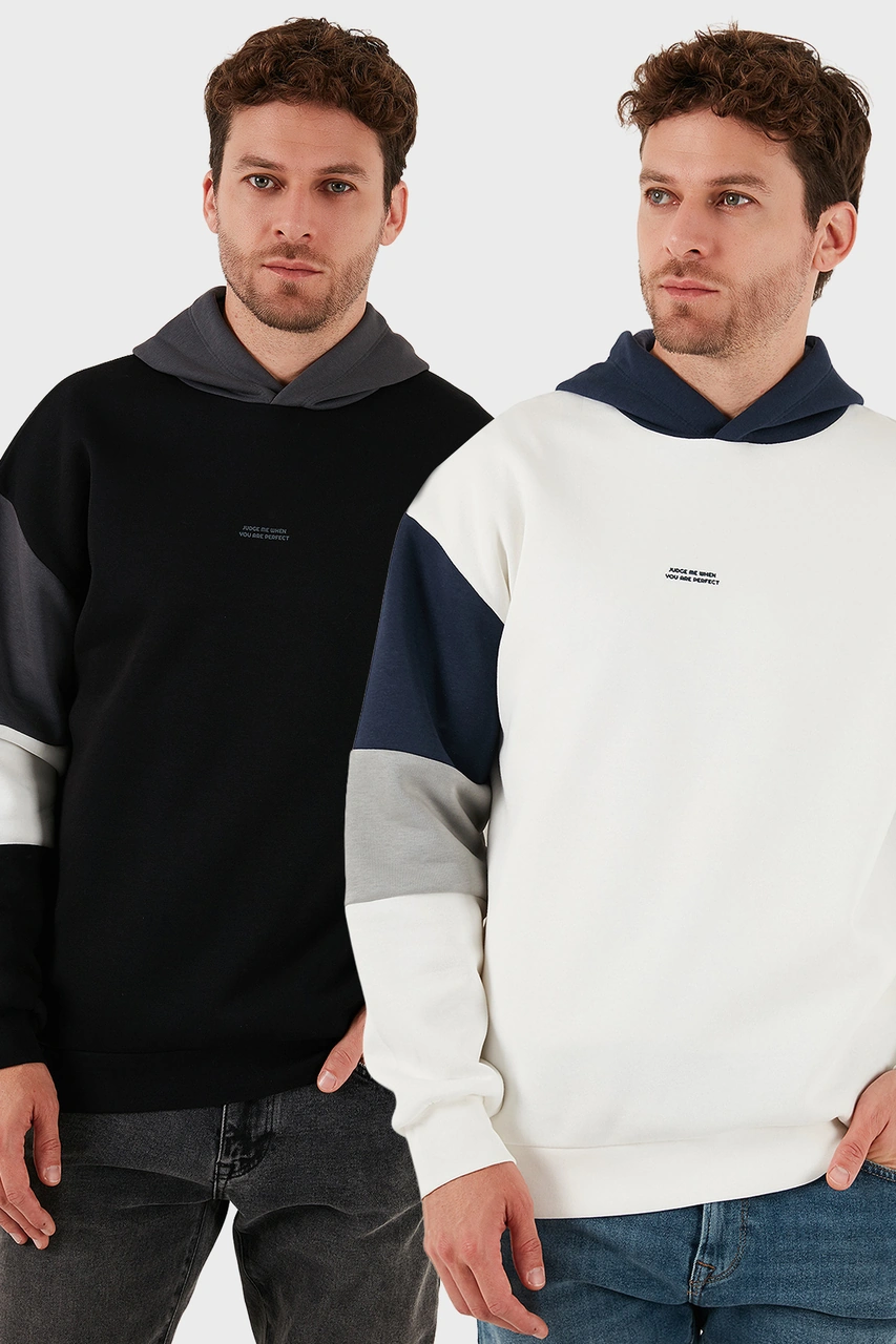 Buratti Pamuklu Relaxed Fit Kapüşonlu Içi Tüylü Yumuşak Şardonlu 2' Li Paket Erkek Sweat 5905299S2 Ekru-Siyah