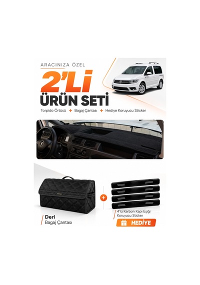 Volkswagen Caddy 2015-2019 Uyumlu Torpido Örtüsü + Deri Bagaj Çantası + Sticker Seti - Siyah
