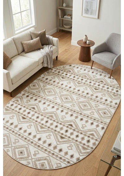 Raschel Carpet Oval Premium Yıkanabilir Leke Tutmaz Modern Kilim Etnik Bej Renk Özel Seri Kaymaz Taban Halı Çok Renkli