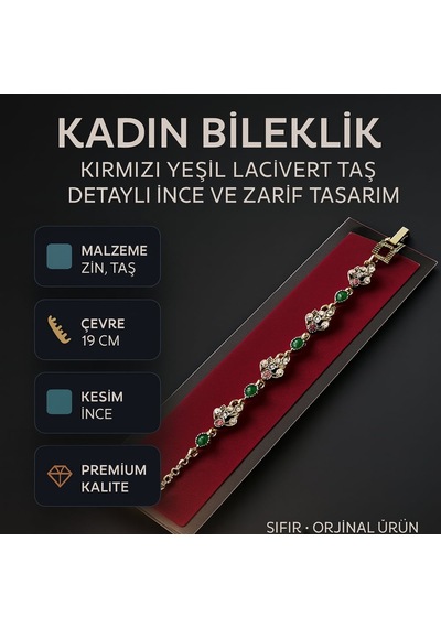 Kadın Bileklik Kırmızı Yeşil Lacivert Taş Detaylı İnce Ve Zarif Tasarım Altın - Çok Renkli