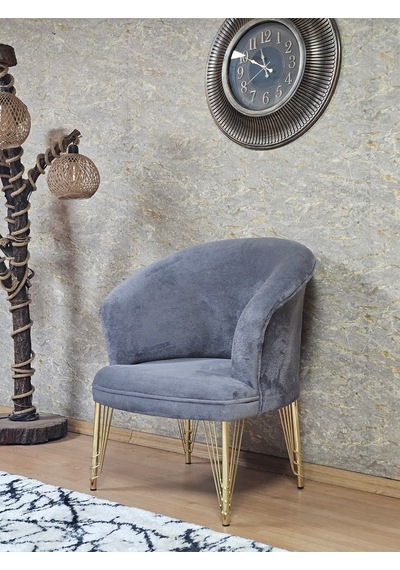 Zafir Tekli Teddy Gold Kaplama Telli Ayak Çay Seti Koltuk Tekli Berjer , Balkon, Salon, Ofis Gri