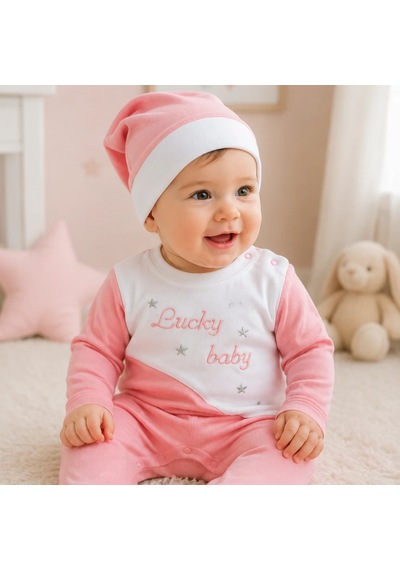 Candar Lucky Baby Nakışlı Çizgili Şapkalı Kız Bebek Tulumu 0-3 / 3-6 Ay Pudra