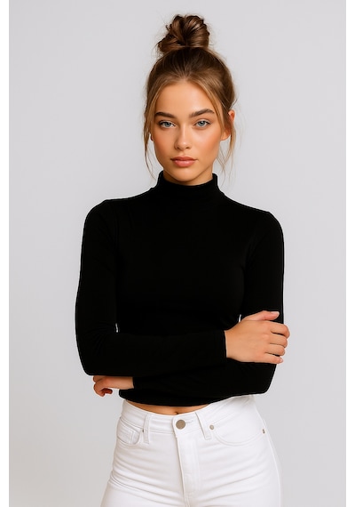 Rich Kadın Siyah Yarım Balıkçı Yaka Uzun Kollu Crop Bluz Siyah
