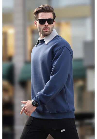 Madmext Lacivert Polo Yaka Erkek Sweatshirt 7086 Lacivert