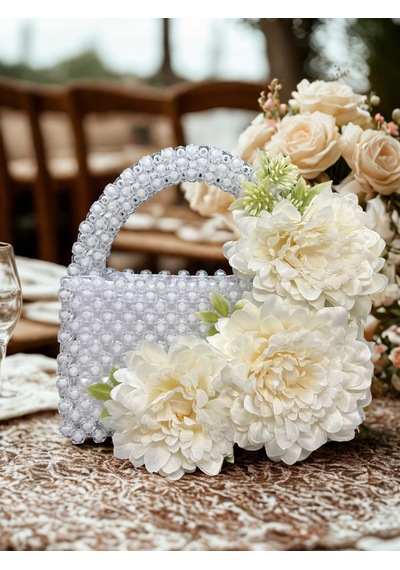 Luti Design Beyaz Boncuk Gelin Çantası / Çiçek Detaylı Özel Tasarım Nikah, Söz Ve Düğün Çantası
