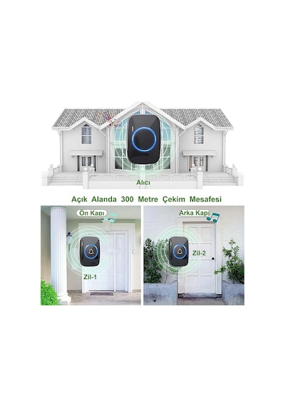 2 Buton 1 Alıcı Kablosuz Kapı Zili Ledli Modern 300metre Menzil 60 Çeşit Zil 5 Seviye Ses