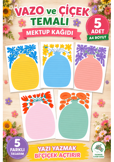 Vazo Ve Çiçek Temalı Mektup Kağıdı Seti 5 Adet A4 Renkli Tasarım Yazı Kağıdı Mektup, Not Ve Günlük İçin