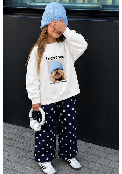 Monila Unisex Çocuk 3 İplik Kumaş Köpek Baskılı Pamuklu Sweatshirt Ekru