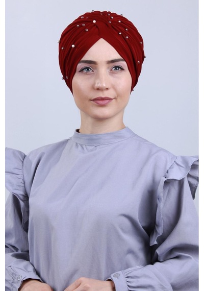 Melodi Scarf Kadın Tesettür İncili Taşlı Vera Dış Bone Bordo Bordo