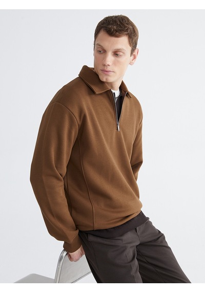 Lcw Vision Kahverengi Polo Yaka Erkek Kalın Sweatshirt