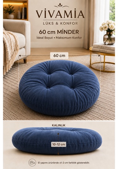 Yuvarlak Kapitone Dekoratif Petek Önü Oturma Yer Minderi 60 Cm Lacivert Lacivert