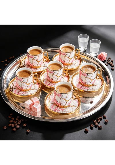 Valkyrie 12 Parça 6 Kişilik 80 Ml Türk Kahvesi Fincan Seti Pembe Mermer Desenli Gold Detay K653 Pembe
