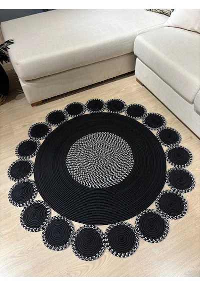 Mavaux Siyah Jüt Hasırlı El Örgüsü Kilim Halı Hasır Yuvarlak Siyah