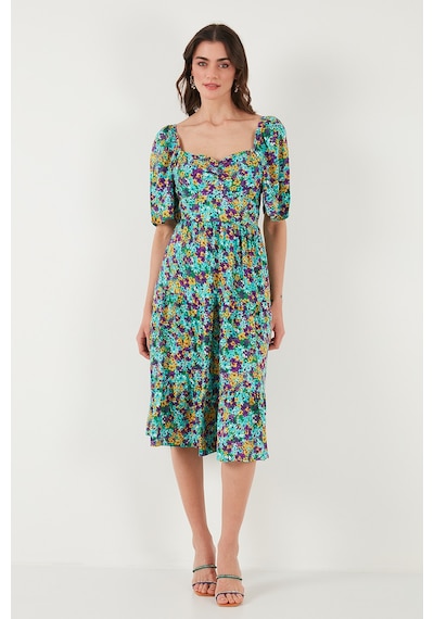 Lela Desenli Oversize Fit Carmen Yaka Büzgü Detaylı Midi Boy Bayan Elbise 67810557 Yeşil
