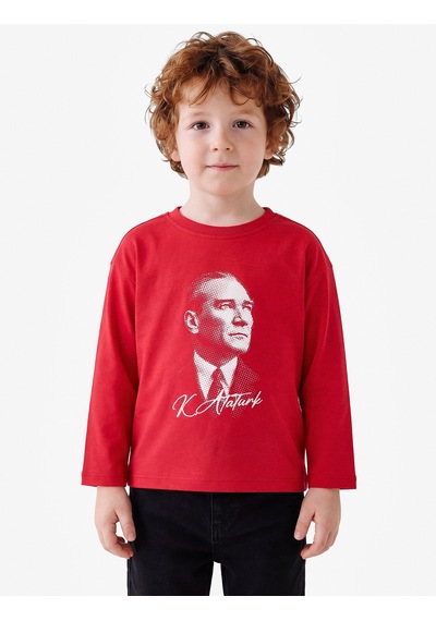 Koton Atatürk Baskılı Pamuklu Bisiklet Yaka Uzun Kollu Tişört Kırmızı 7wmb10177tk