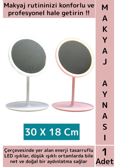 Premium Profesyonel Ev Kuaför Kullanım Hediyelik Şık Yuvarlak Led Işıklı Makyaj Aynası 30 X 18 Cm Çok Renkli