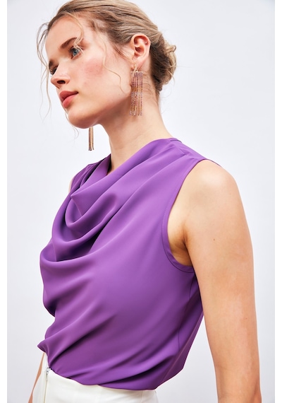 Sateen Degaje Yaka Kolsuz Bluz - Mor