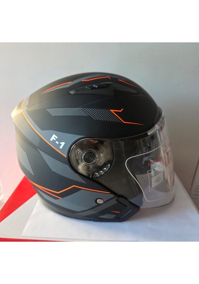 Çenesiz Kask Jk-512 Vizörlü Şeffaf Camlı Gri Turuncu M Mat Siyah - Turuncu M