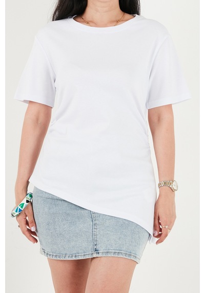 Lela Pamuklu Yanı Büzgülü Asimetrik Kesim Bisiklet Yaka T Shirt Bayan T Shirt 5867017 Beyaz