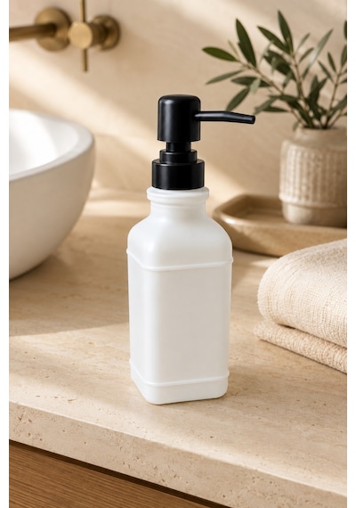 Aura Cam Sıvı Sabunluk 400 Ml Siyah Pompalı Modern Dekoratif Banyo Ve Mutfak Dispenseri - 19,5 Cm X 6 Cm X 6 Cm Beyaz