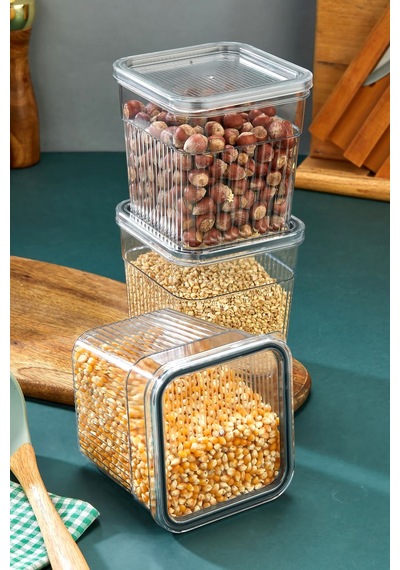 3 Parça Contalı Ve Sızdırmaz Kapaklı Saklama Kabı Seti Buzdolabı Ve Kuru Gıda Uyumlu 3x1600 Ml Şeffaf
