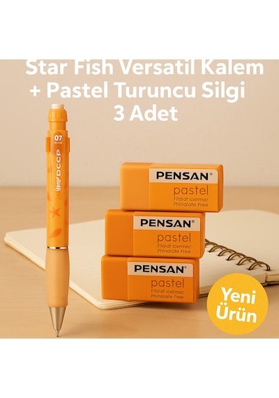 Star Fish Versatil Kalem + Pastel Mor Silgi 3 Adet Star Fish Turuncu