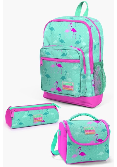 Coral High Kids Su Yeşili Neon Pembe Flamingo Desenli 3 Lü Okul Çanta Seti Set0123111