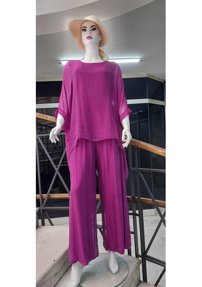 Bohem Stil İtalyan Yarasa Kol İpek Bluz & Pantolon Takım-8767 Fuşya