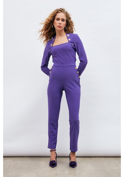 Sateen Düğme Detaylı Pantolon - Mor