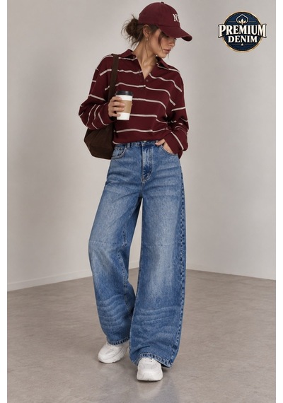 Vadon 1058 Kadın Yüksek Bel Baggy Fit Jean Pantolon Mavi