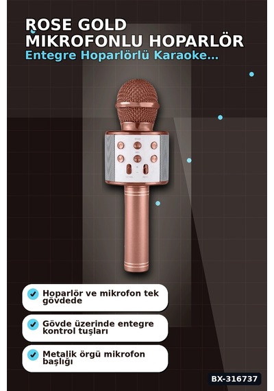 Karaoke Mikrofonlu Hoparlör Bluetooth Şarjlı Rose Gold Eko Ayarlı Usb Sd Bx-316737