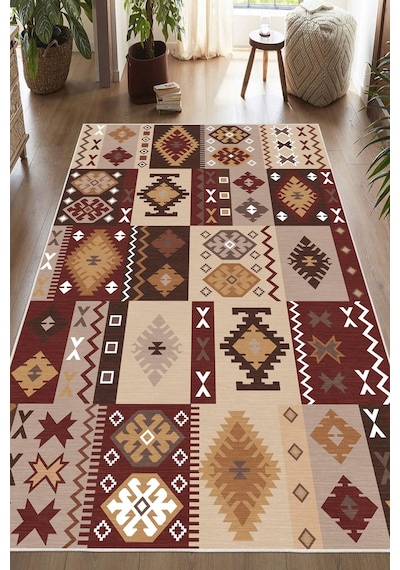 Dijital Baskılı Dekoratif Kaymaz Taban Yıkanabilir Kilim Desen Salon Halısı Yolluk Bordo