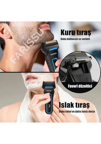 Pritech Rf-1310 Şarjlı Sakal Tıraş Makinesi - Yedek Bıçaklı, Islak & Kuru Kullanım, 115g Hafif Tasarım