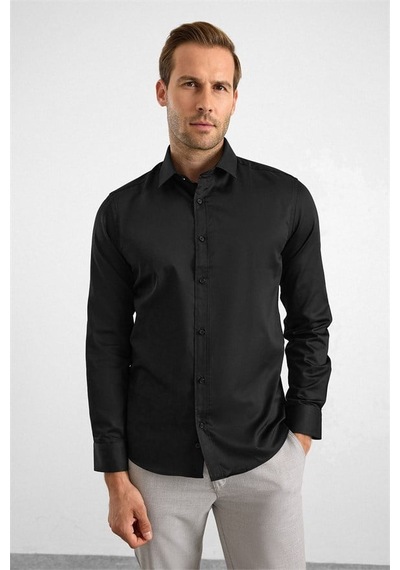 Süvari Siyah Slim Klasik Yaka Düz Casual Gömlek Sgm1008400025-s09