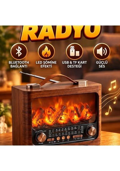 Nostaljik Radyo Tasarımlı Bluetooth Hoparlör Led Şömine Efekti, Usb Ve Tf Kart Destekli