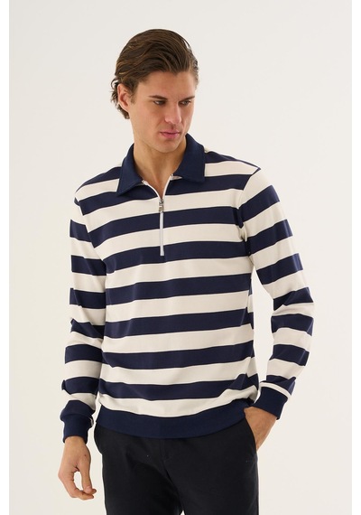 Çizgili Yarım Fermuarlı Polo Yaka Uzun Kollu Sweatshirt Lacivert