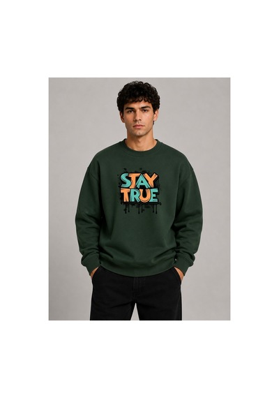 Herkesemoda Stay True Detaylı Bisiklet Yaka Şardonlu 2 İplik Sweatshirt Yeşil