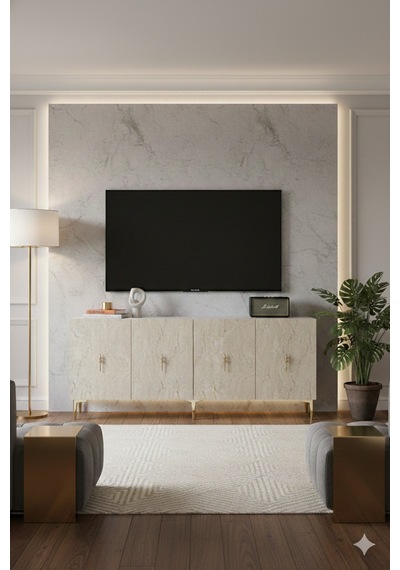 Ka1812btg Salkım Konsol ,tv Sehpası Beyaz-traverten-gold 180cm