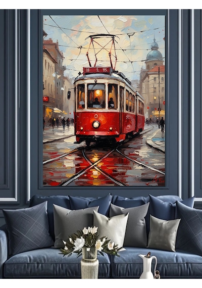 Ahşap Tablo Kırmızı Tramvay Şehir Sokak
