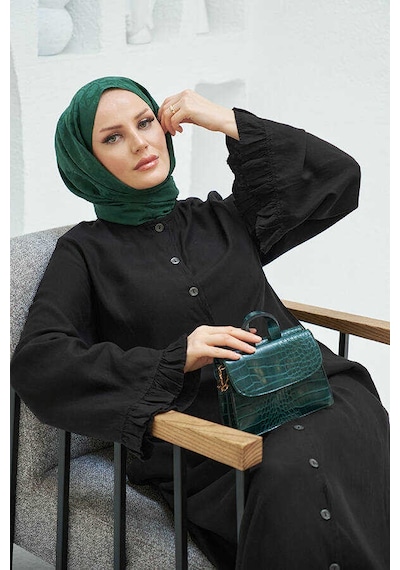 Neways 6587-denim Düğmeli Kolları Fırfırlı Ferace Siyah Siyah